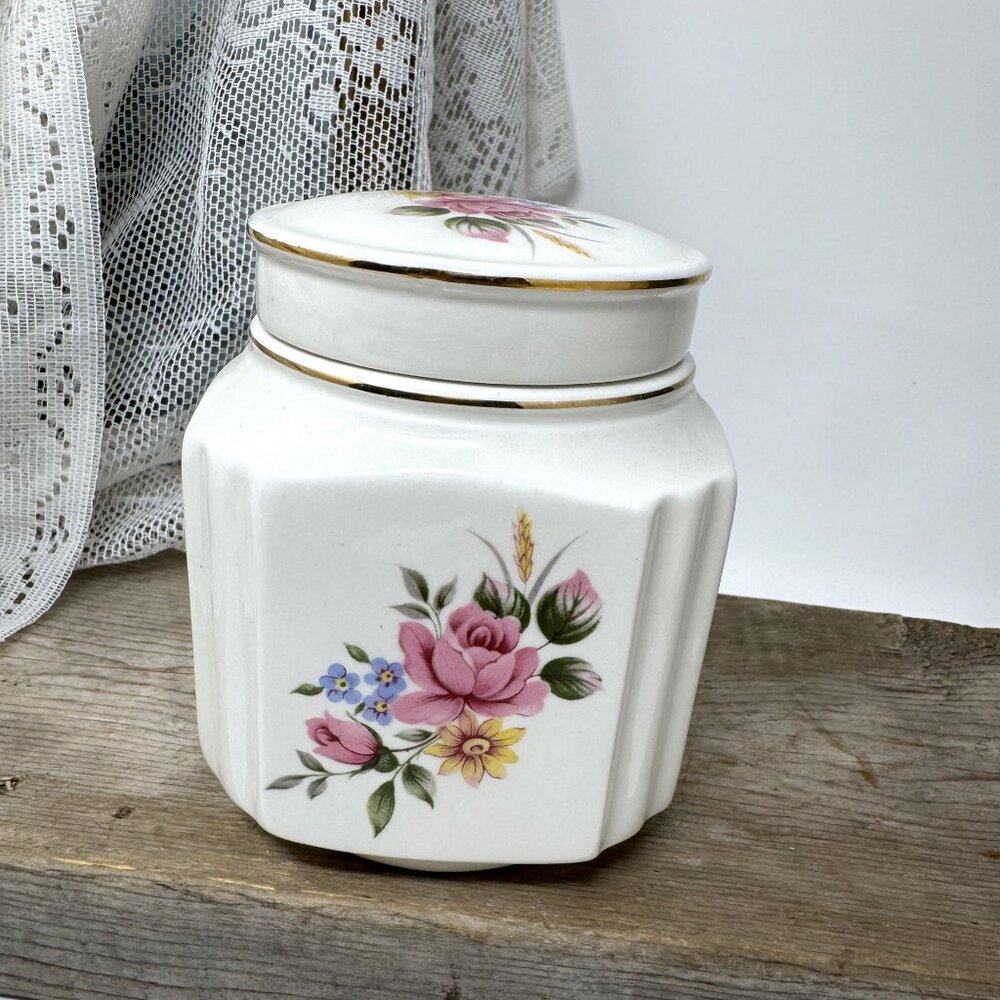 Vintage Sadler England Ginger Trinket Jar w/ Lid Floral 4-1/2"